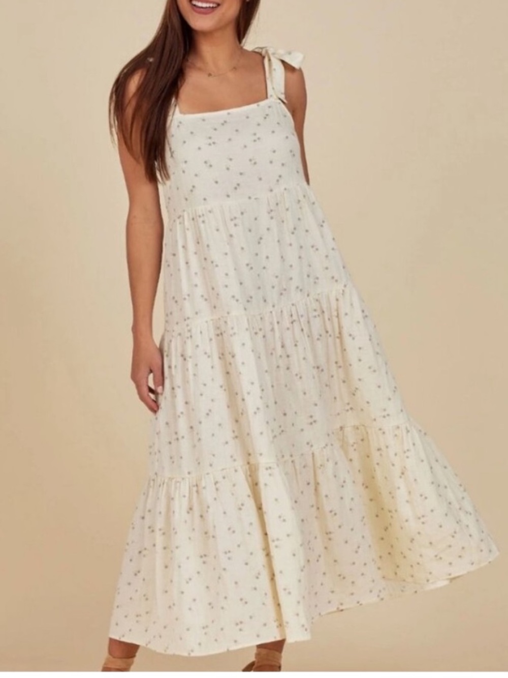 Tie-Shoulder Cream Floral Midi Dress